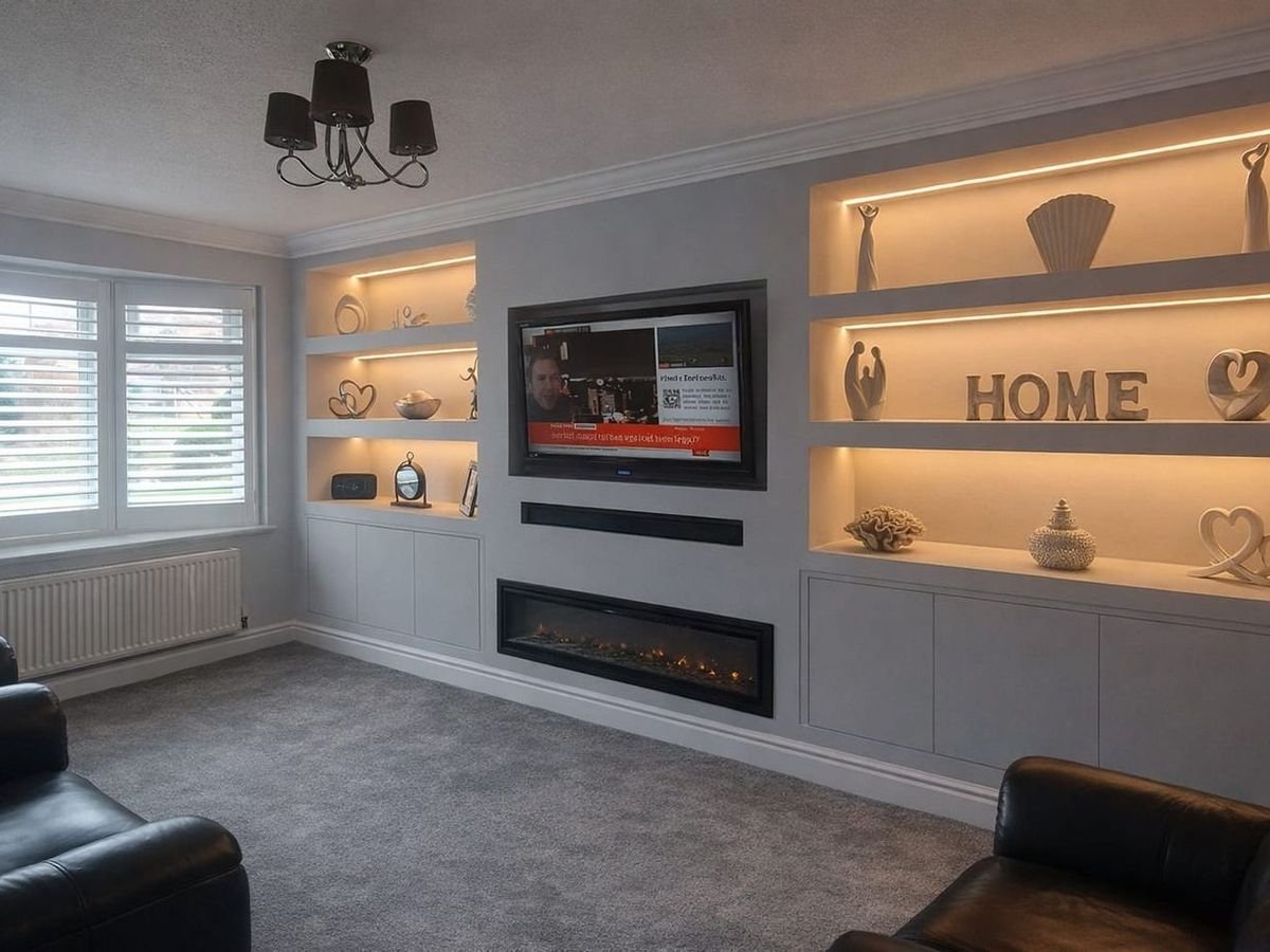 Grey media wall with lit display niches, a recessed TV and an inset electric fire