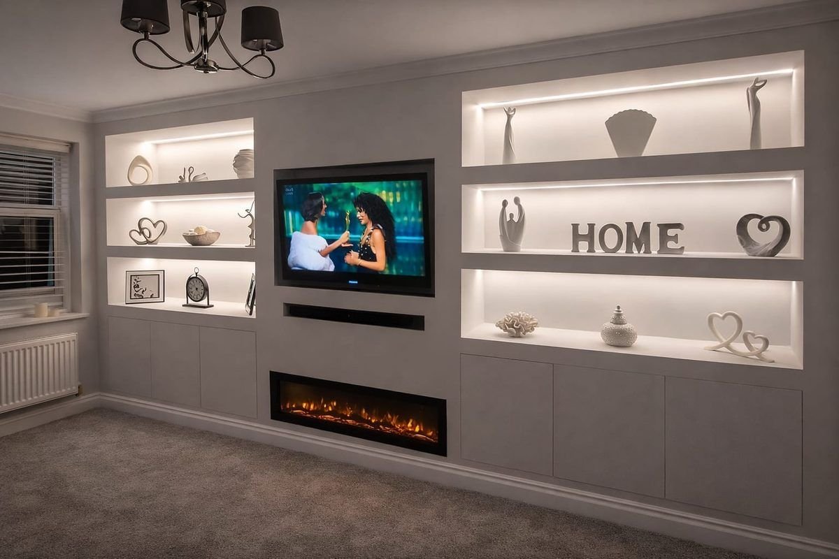 Media wall with lit niches and an electric fire Grey media wall with lit display niches, a recessed TV and an inset electric fire