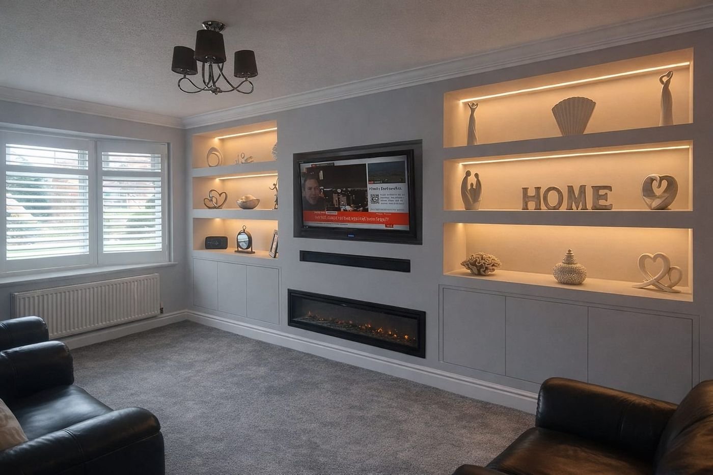 Grey media wall with lit display niches, a recessed TV and an inset electric fire
